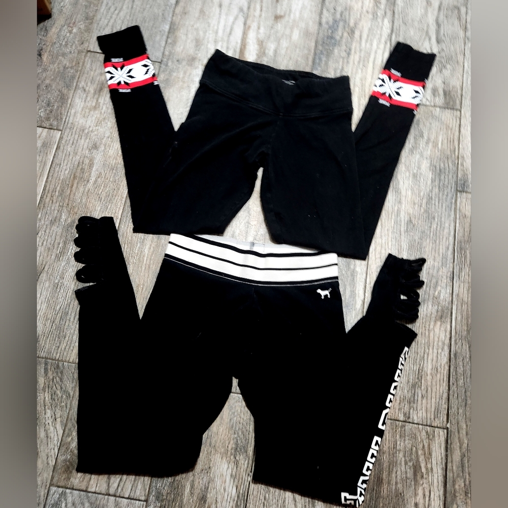 2 VS PINK Leggings, Black/Wht detail & Blk w Snowflake XS/S